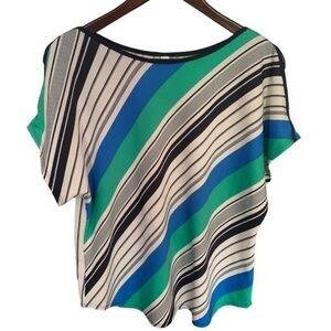 PerSeption Concepts White Blue & Green  Striped Top Cap Sleeve Cold Shoulder